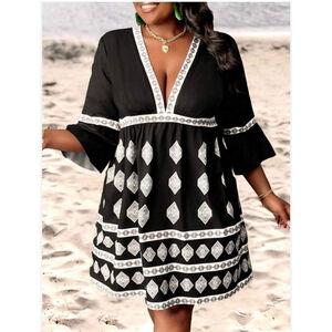 Made with Love Black White Geometric Mini Dress Bell Sleeve Size S